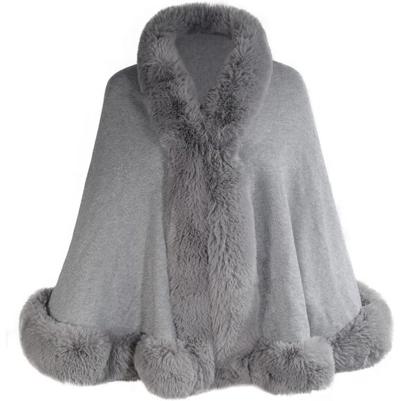 🆕 Women Grey Winter Faux Fur Shawl Stole Warm Wrap Cape knitted Acrylic Elegant - Picture 1 of 6